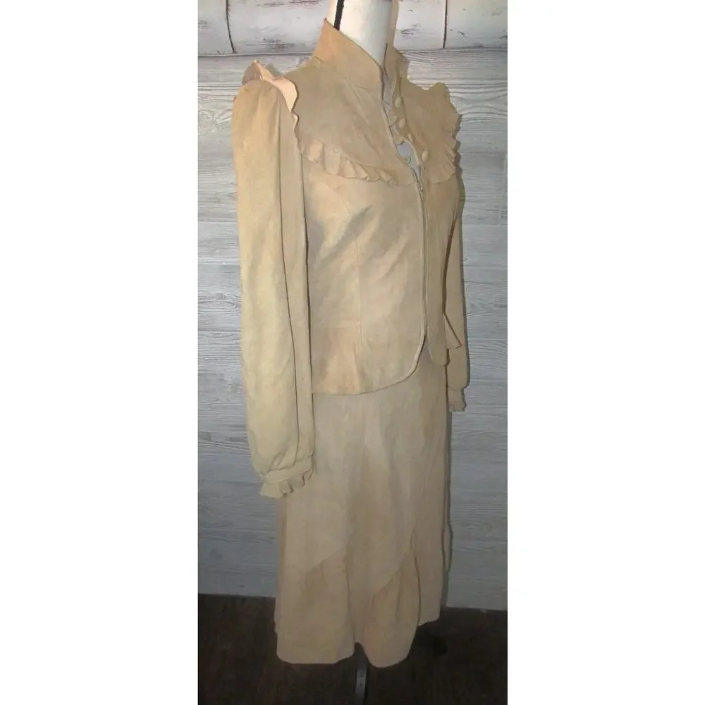 Vtg 70's PIONEER WEAR fit 8 Tan Suede Leather Ruffle Jacket & Skirt Western Boho - Picture 3 of 16